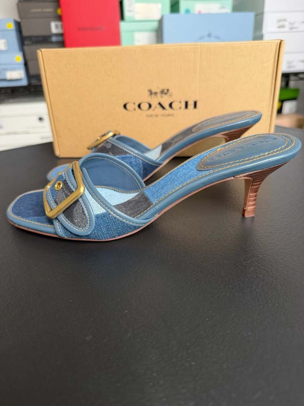 Coach Margot Denim Patchwork Kitten Heel Sandals Blue CEF08 sz 7.5 BNIB $195 - Picture 4 of 8